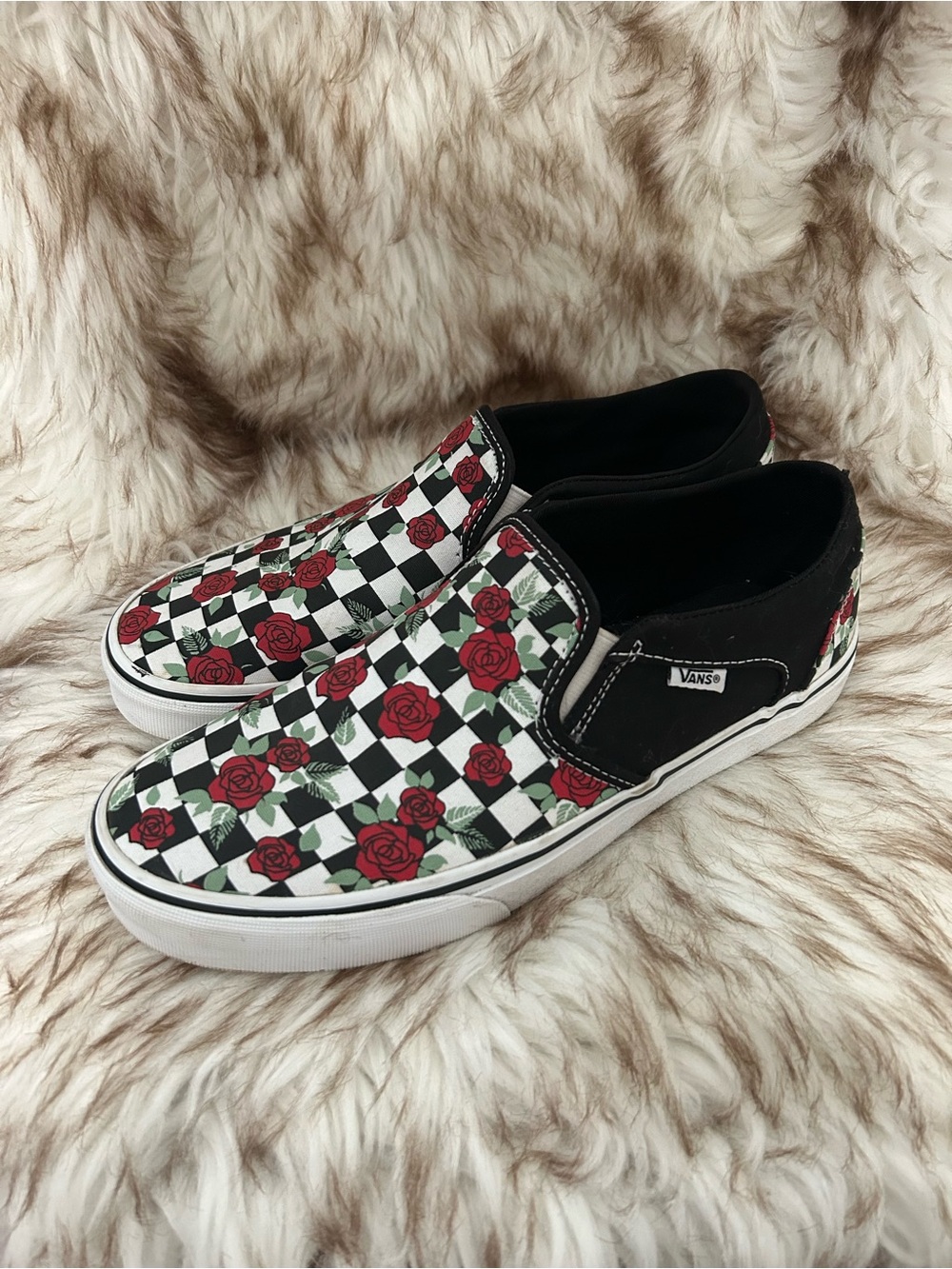 Vans Black Checkerboard Slip-Ons with Red Roses